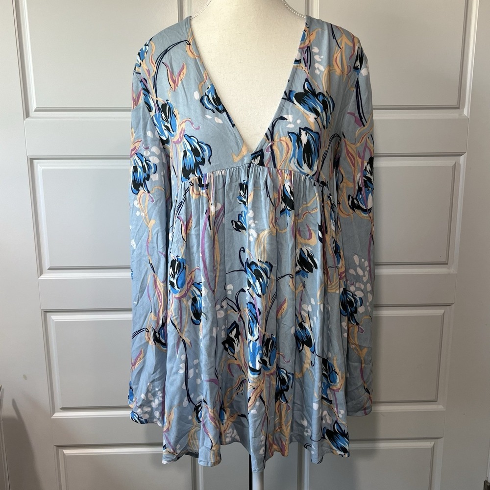 Free People Blue Floral Babydoll V Neck Flowy Boho Long Sleeve Tunic Top XS